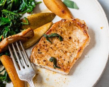 Pork Chops and Pears with Spicy Mustard Greens