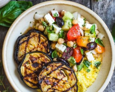 Grilled Eggplant with Greek Relish and Creamy Polenta