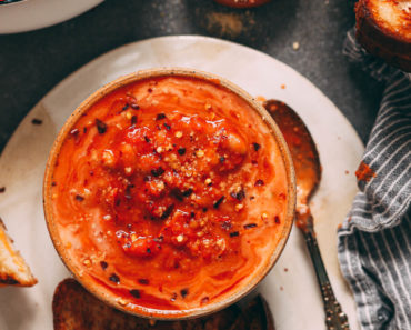 Super Garlicky Tomato Soup with Smashed White Beans